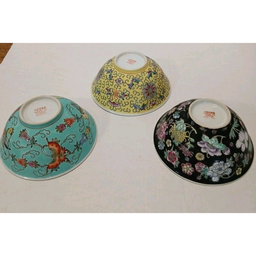 VTG Chinese Famille Rose Porcelain Bowls Mixed Lot Of 3- Black,Yellow,Turquoise